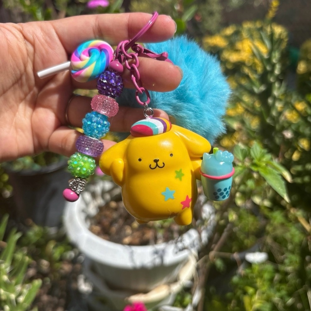 Cute pompom purin Keychain with Charms